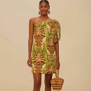 FARM RIO Large green One-Shoulder Pineapple Tapestry Lenzing Ecovero Mini Dress